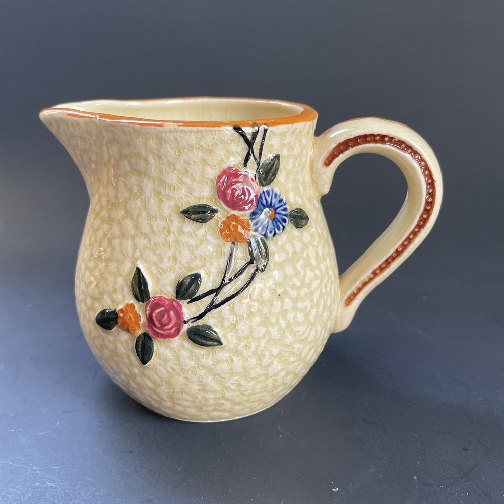 Vintage Ceramic Raised‎ Floral Design Small Creamer Pitcher Majolica Style